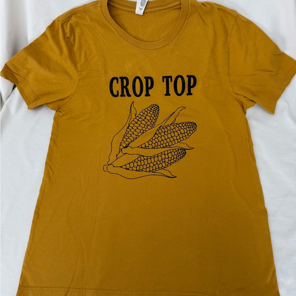 Funny Yellow Graphic Crop Top T-Shirt Corn on Cob Pun Tee Large - Picture 2 of 8